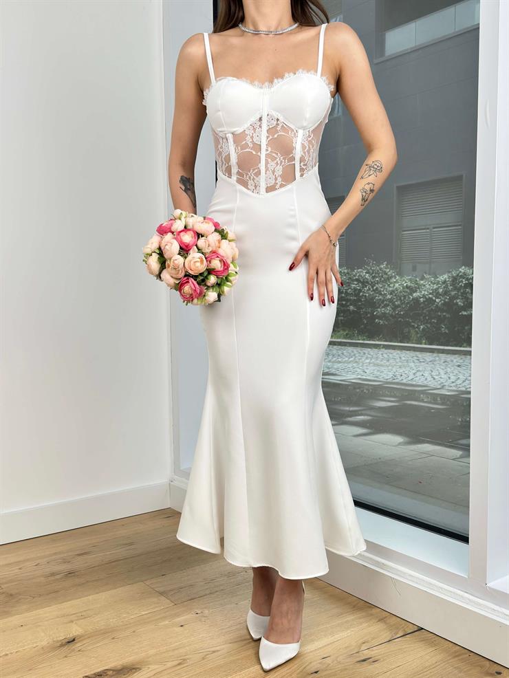 Ayarlanabilir Askılı Korse Transparan Detaylı Nicolás Kadın Ekru Elbise 24Y134