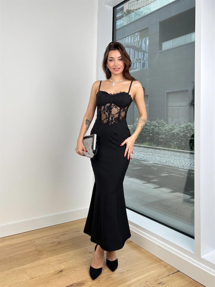 Ayarlanabilir Askılı Korse Transparan Detaylı Nicolás Kadın Siyah Elbise 24Y134