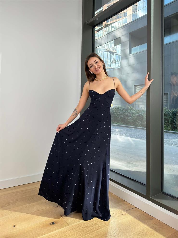 İnce Askılı Arkası Gipeli Nicoly Kadın Lacivert Elbise 24Y104