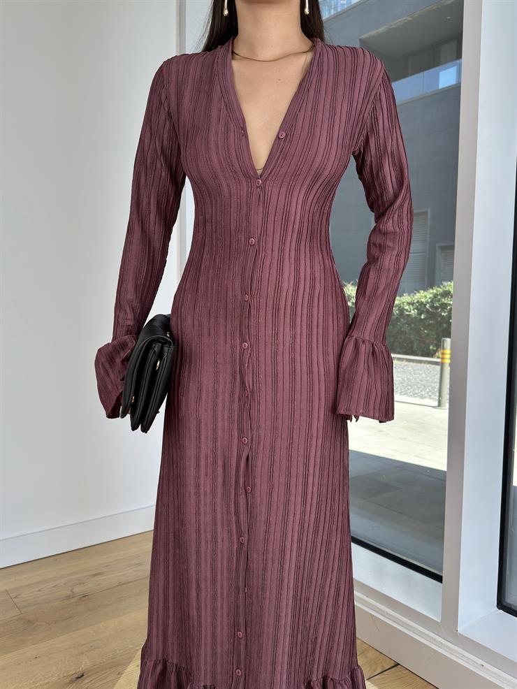 Derin V Yaka Önü Düğme Kapamalı Nigel Mürdüm Kadın Elbise 25K258