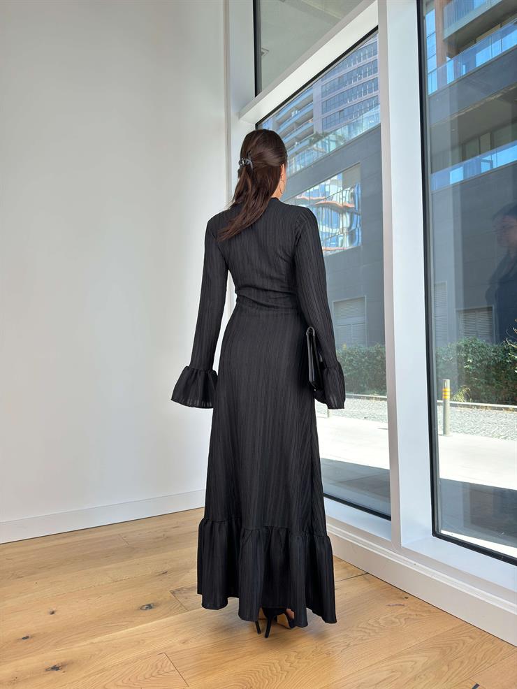 Derin V Yaka Önü Düğme Kapamalı Nigel Siyah Kadın Elbise 25K258