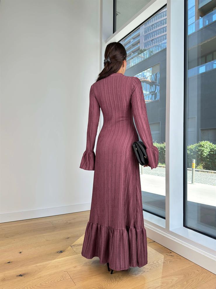 Derin V Yaka Önü Düğme Kapamalı Nigel Mürdüm Kadın Elbise 25K258