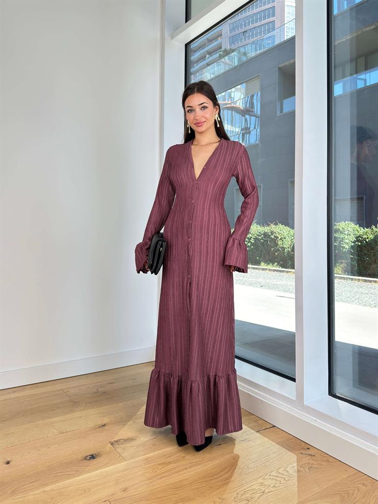 Derin V Yaka Önü Düğme Kapamalı Nigel Mürdüm Kadın Elbise 25K258