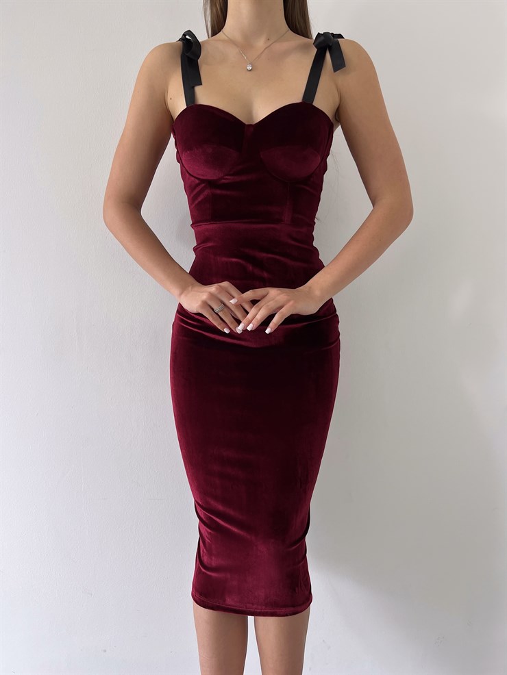 Göğüs Gloplu Arkası Yırtmaçlı Niger Kadın Bordo Elbise 23K000308