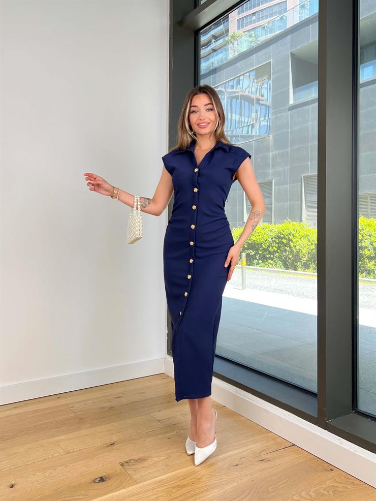 Önü Düğmeli Kolsuz Nihyot Lacivert Kadın Elbise 25Y295