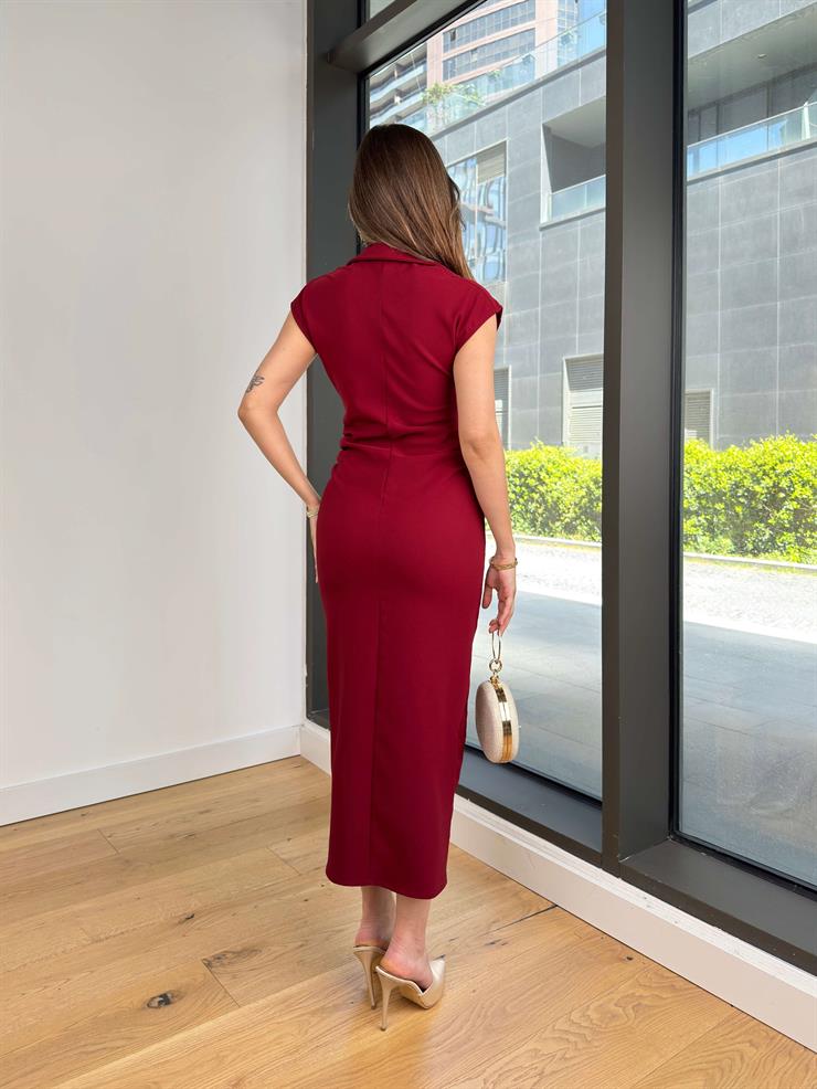 Önü Düğmeli Kolsuz Nihyot Bordo Kadın Elbise 25Y295