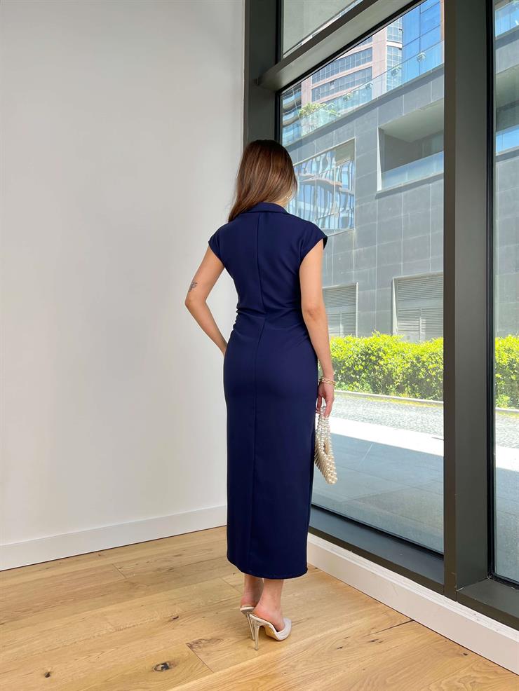 Önü Düğmeli Kolsuz Nihyot Lacivert Kadın Elbise 25Y295