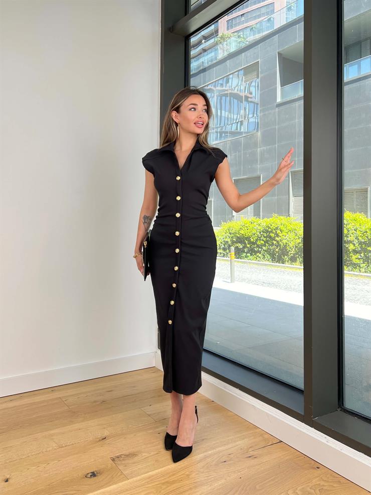 Önü Düğmeli Kolsuz Nihyot Siyah Kadın Elbise 25Y295