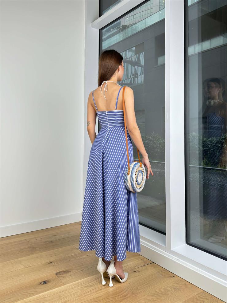 Ayarlanabilir Askılı Önü Düğüm Görünümlü Niklaus Poplin Kadın Mavi Maxi Elbise 24Y126