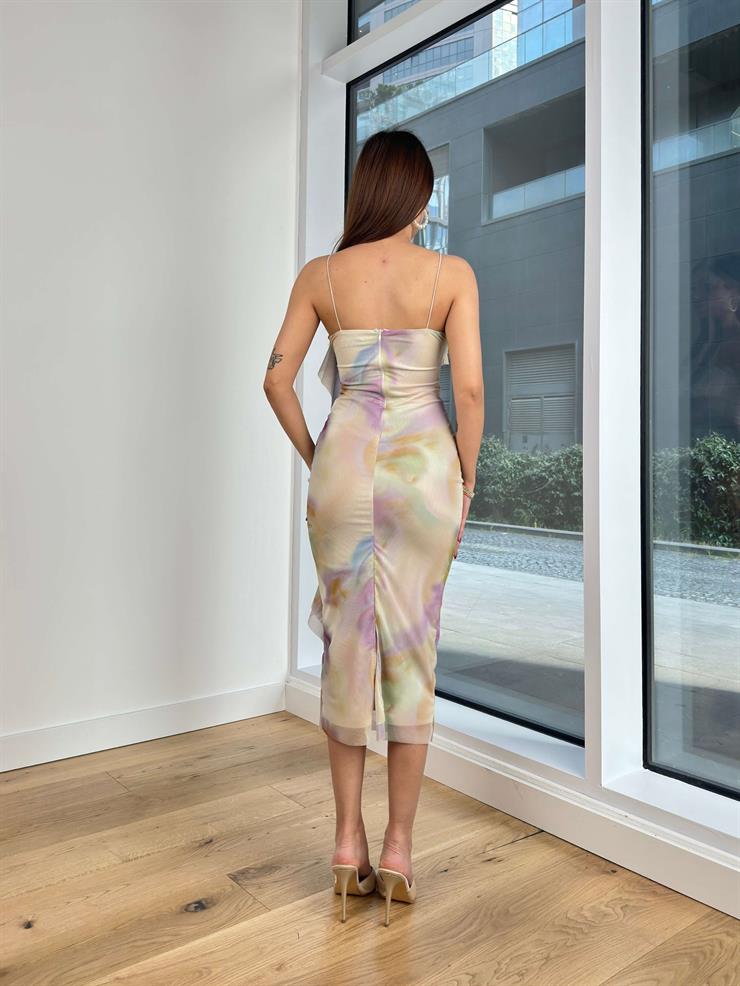 İnce Askılı Drapeli Önü Fırfır Detaylı Niko Kadın Renkli Midi Elbise 24Y211