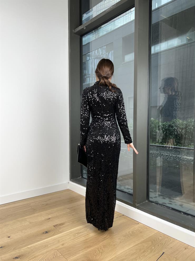 Yarım Boğazlı Beli Pencere Detaylı Nilda Kadın Siyah Pullu Elbise 24k343