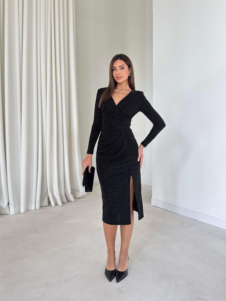 Taşlı Parlak Kruvaze Yaka Drapeli Önü Yırtmaçlı Nılda Siyah Kadın Elbise 26K295