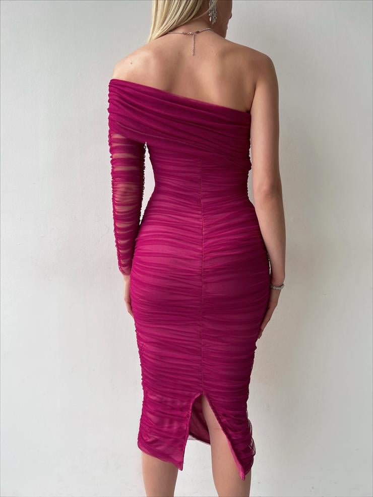 Midi Tek Kol Büzgülü Ninfe Kadın Vişne Tül Elbise 22K000524