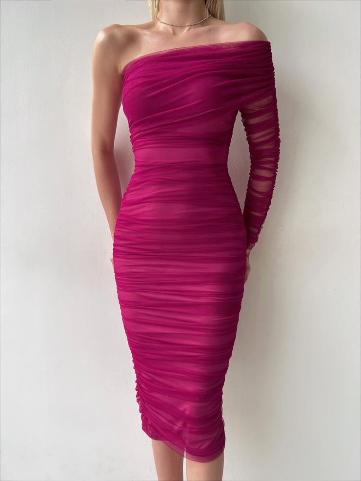 Midi Tek Kol Büzgülü Ninfe Kadın Vişne Tül Elbise 22K000524