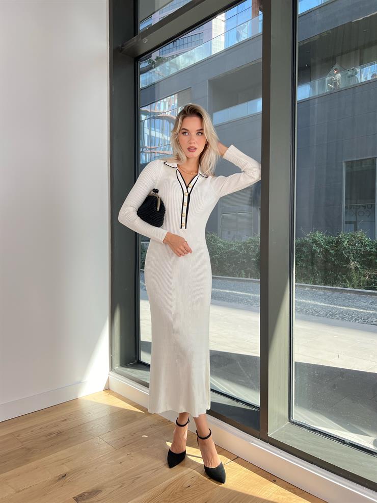 Polo Yaka Önü Çizgili Ve Düğmeli Uzun Kollu Ninnag Kadın Ekru Triko Elbise 24k000146