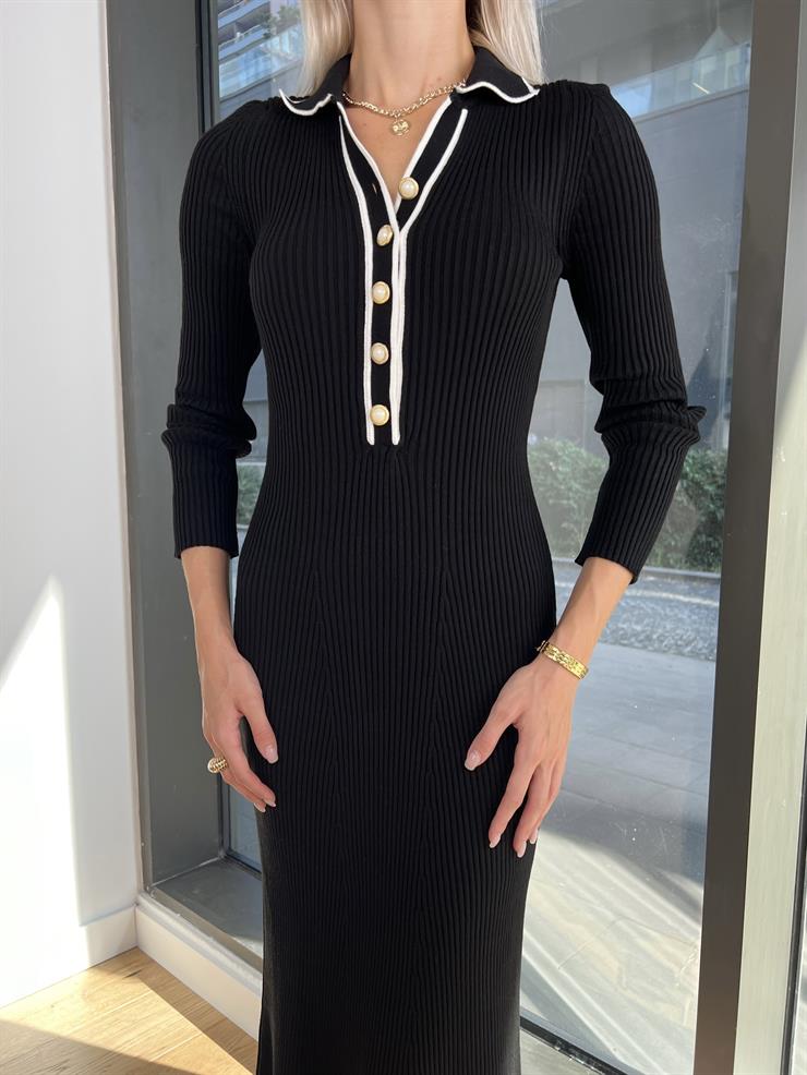 Polo Yaka Önü Çizgili Ve Düğmeli Uzun Kollu Ninnag Kadın Siyah Triko Elbise 24k000146