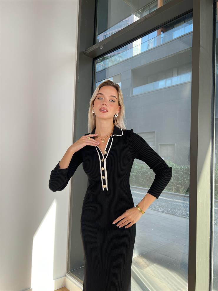 Polo Yaka Önü Çizgili Ve Düğmeli Uzun Kollu Ninnag Kadın Siyah Triko Elbise 24k000146