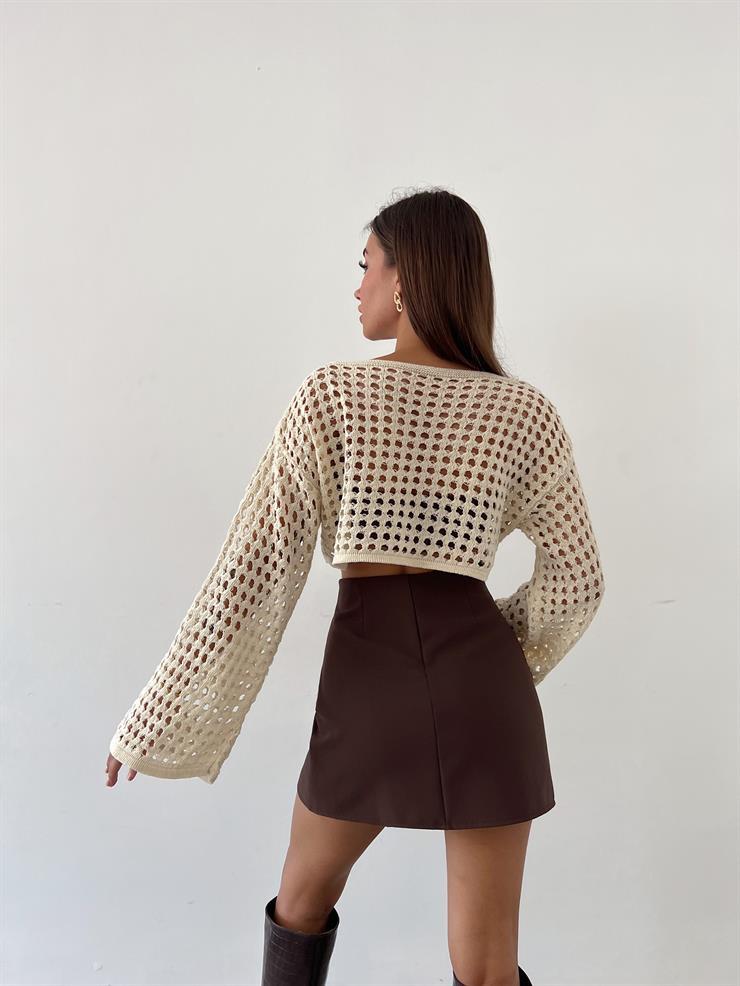 Uzun Kollu Ninochka Kadın Taş Triko Crop  Bluz 23Y000637