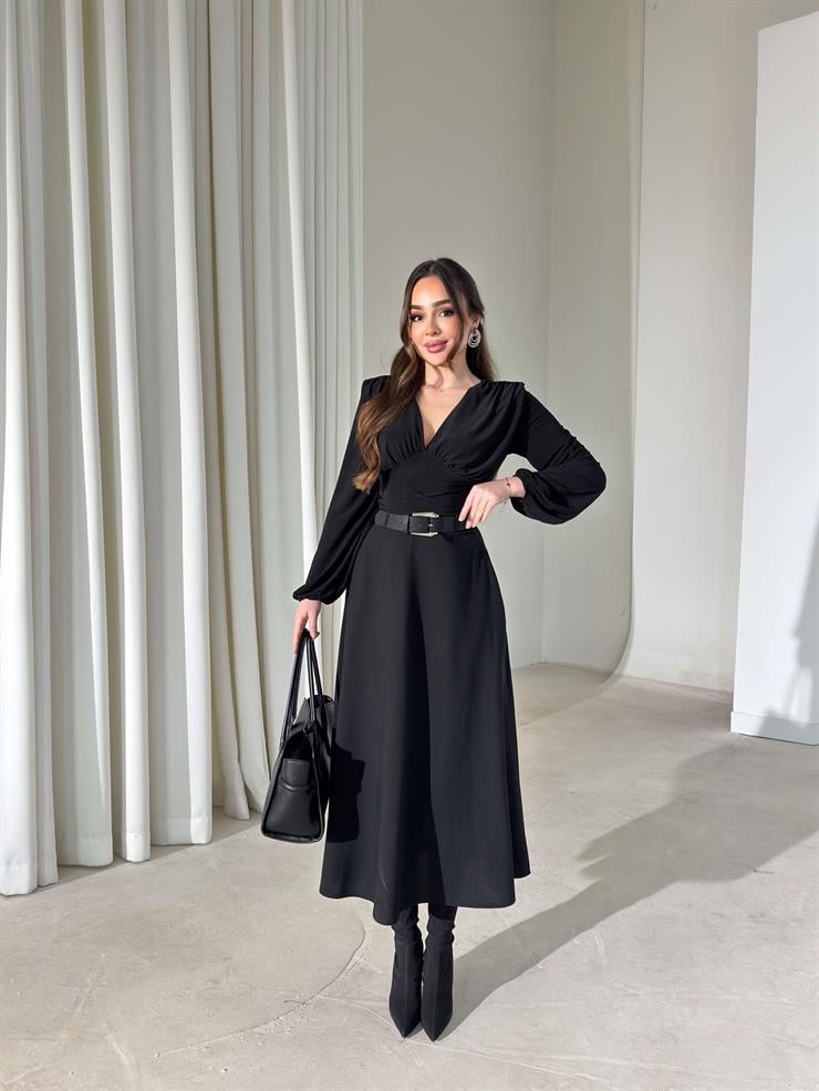 Kemerli Yüksek Bel Niren Siyah Kadın Etek 26Y009