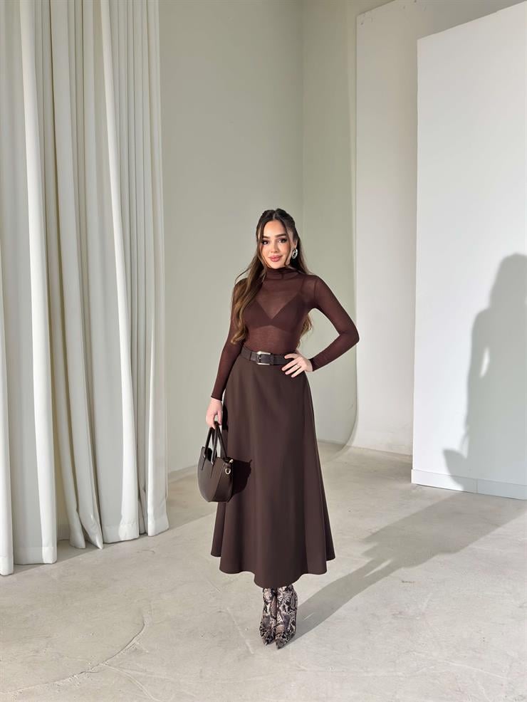 Kemerli Yüksek Bel Niren Kahve Kadın Etek 26Y009