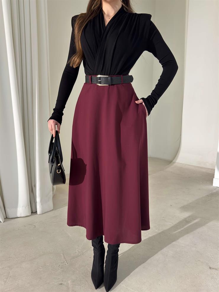 Kemerli Yüksek Bel Niren Bordo Kadın Etek 26Y009