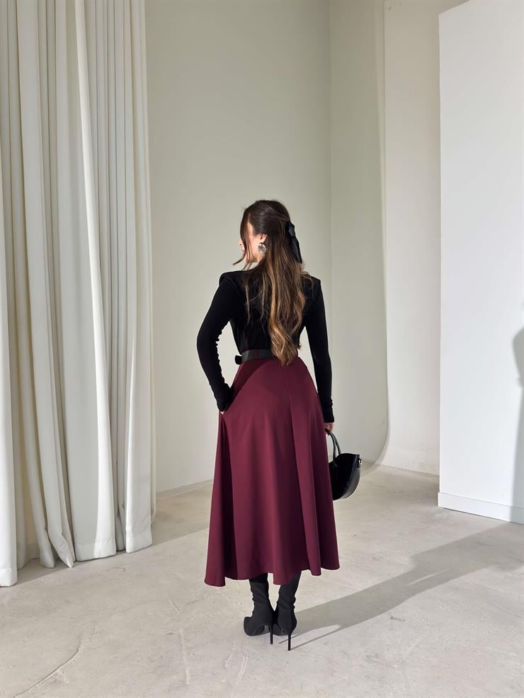 Kemerli Yüksek Bel Niren Bordo Kadın Etek 26Y009
