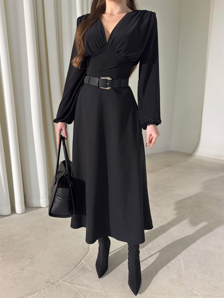 Kemerli Yüksek Bel Niren Siyah Kadın Etek 26Y009