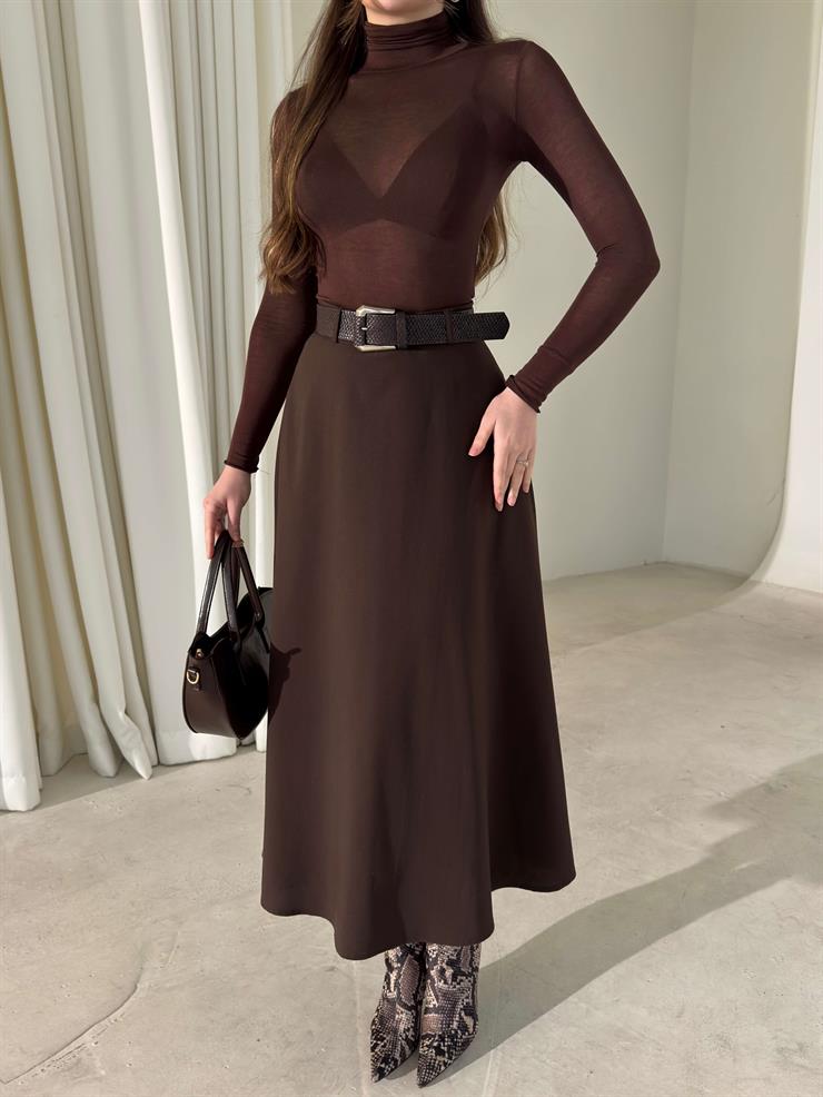 Kemerli Yüksek Bel Niren Kahve Kadın Etek 26Y009