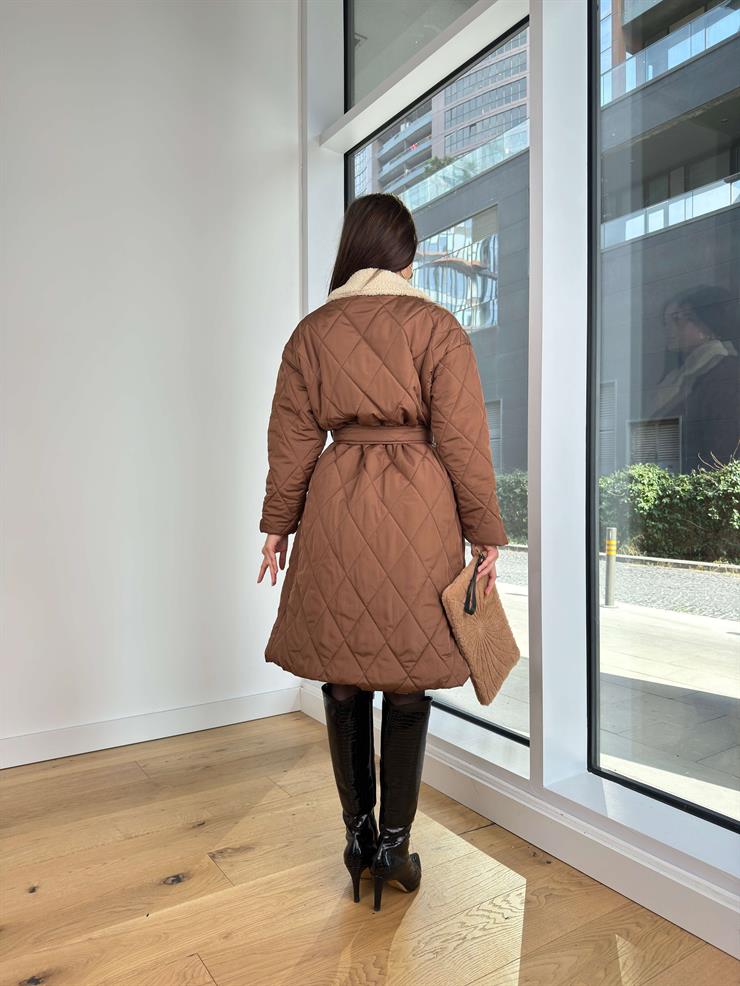 İçi Kürklü Belden Kuşaklı Nolaska Kahve Kadın Şişme Kaban 25K319