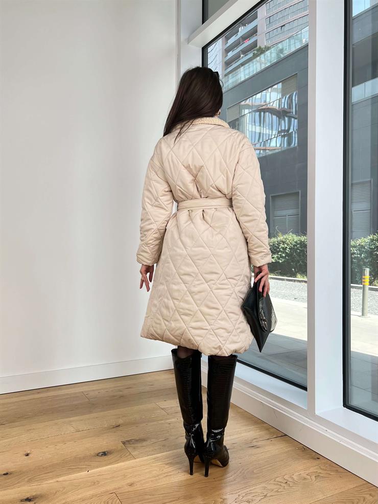 İçi Kürklü Belden Kuşaklı Nolaska Taş Kadın Şişme Kaban 25K319