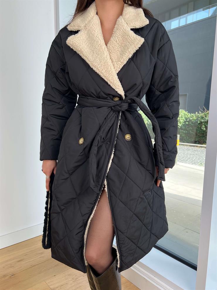 İçi Kürklü Belden Kuşaklı Nolaska Siyah Kadın Şişme Kaban 25K319