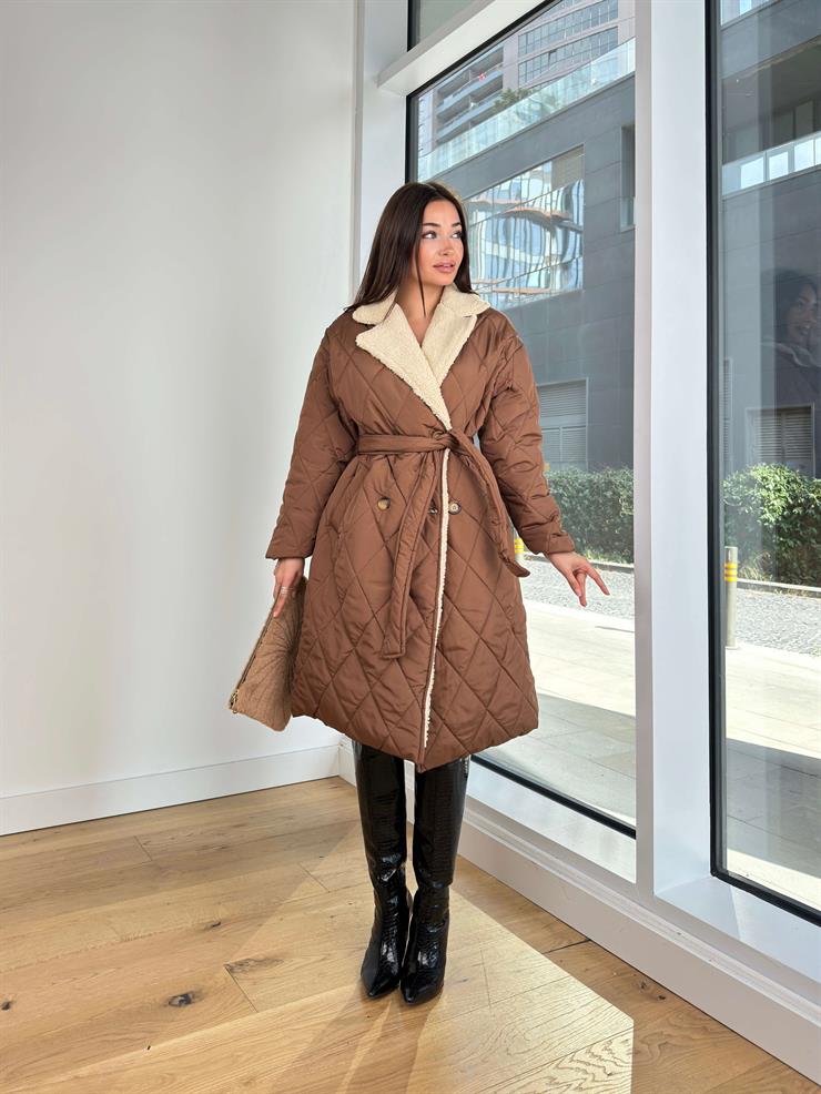 İçi Kürklü Belden Kuşaklı Nolaska Kahve Kadın Şişme Kaban 25K319