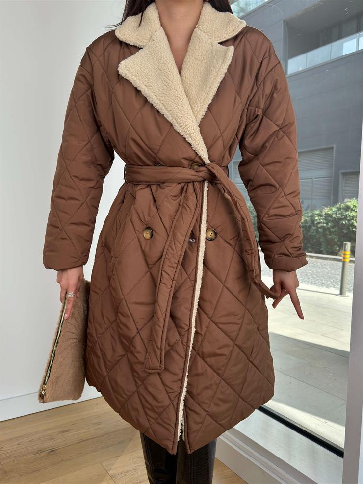 İçi Kürklü Belden Kuşaklı Nolaska Kahve Kadın Şişme Kaban 25K319