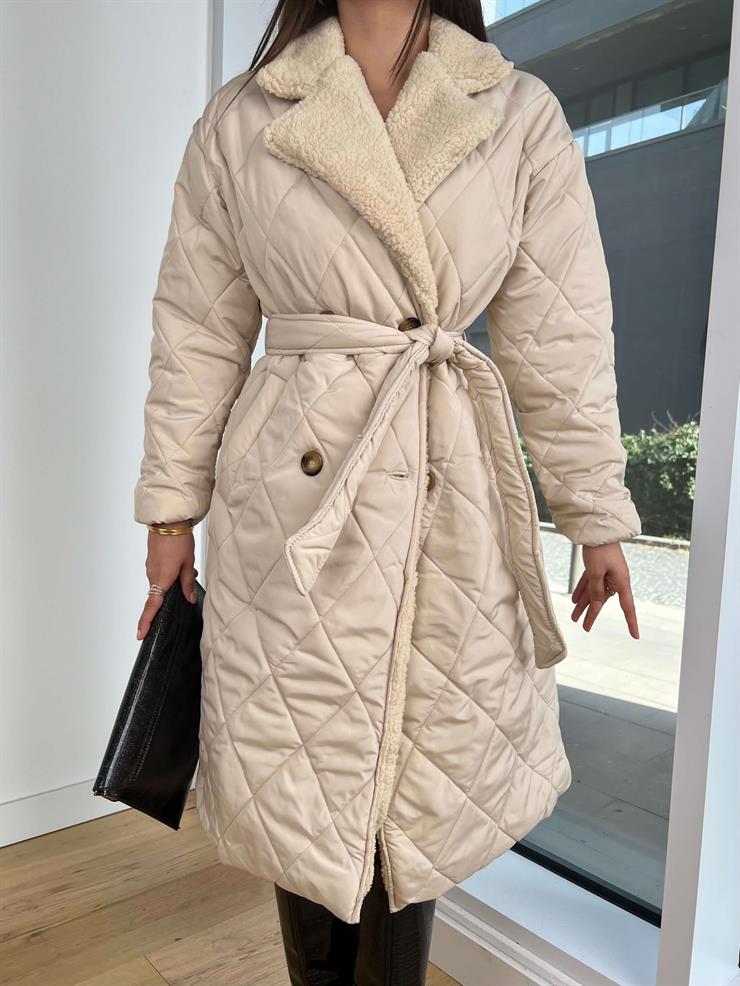 İçi Kürklü Belden Kuşaklı Nolaska Taş Kadın Şişme Kaban 25K319