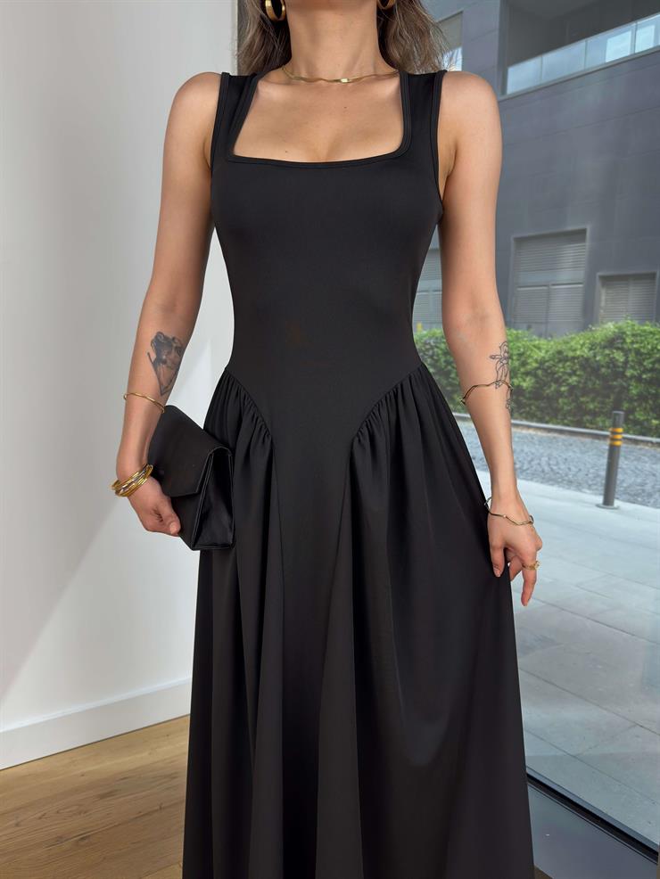 Kalın Askılı Kare Yaka Noller Siyah Elbise 25Y364