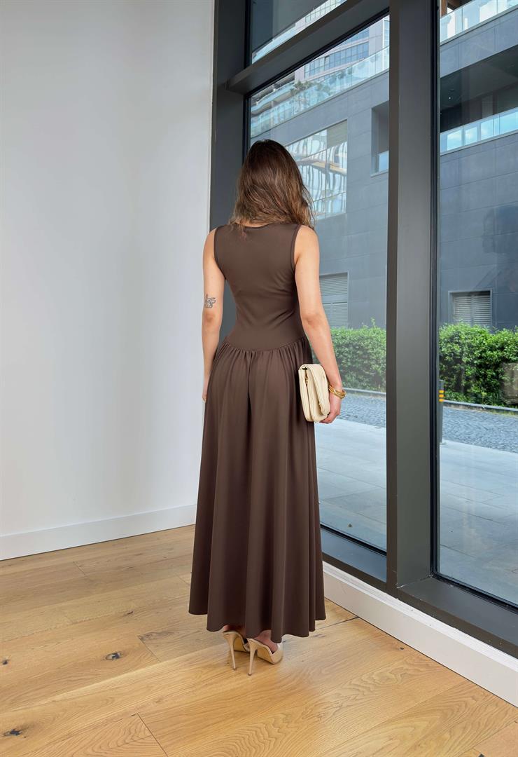 Kalın Askılı Kare Yaka Noller Kahve Elbise 25Y364