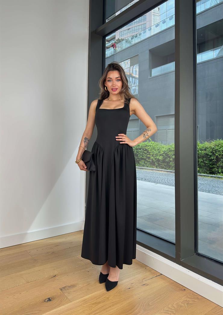 Kalın Askılı Kare Yaka Noller Siyah Elbise 25Y364