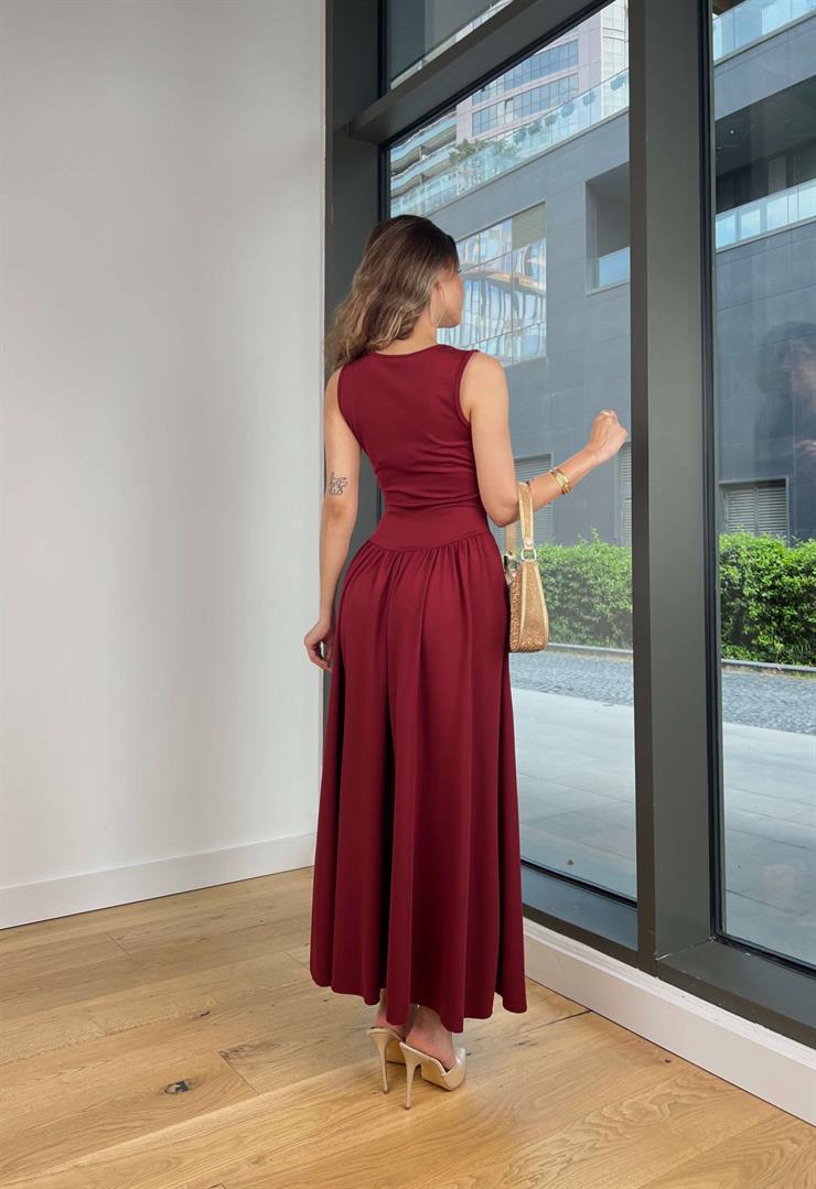 Kalın Askılı Kare Yaka Noller Bordo Elbise 25Y364