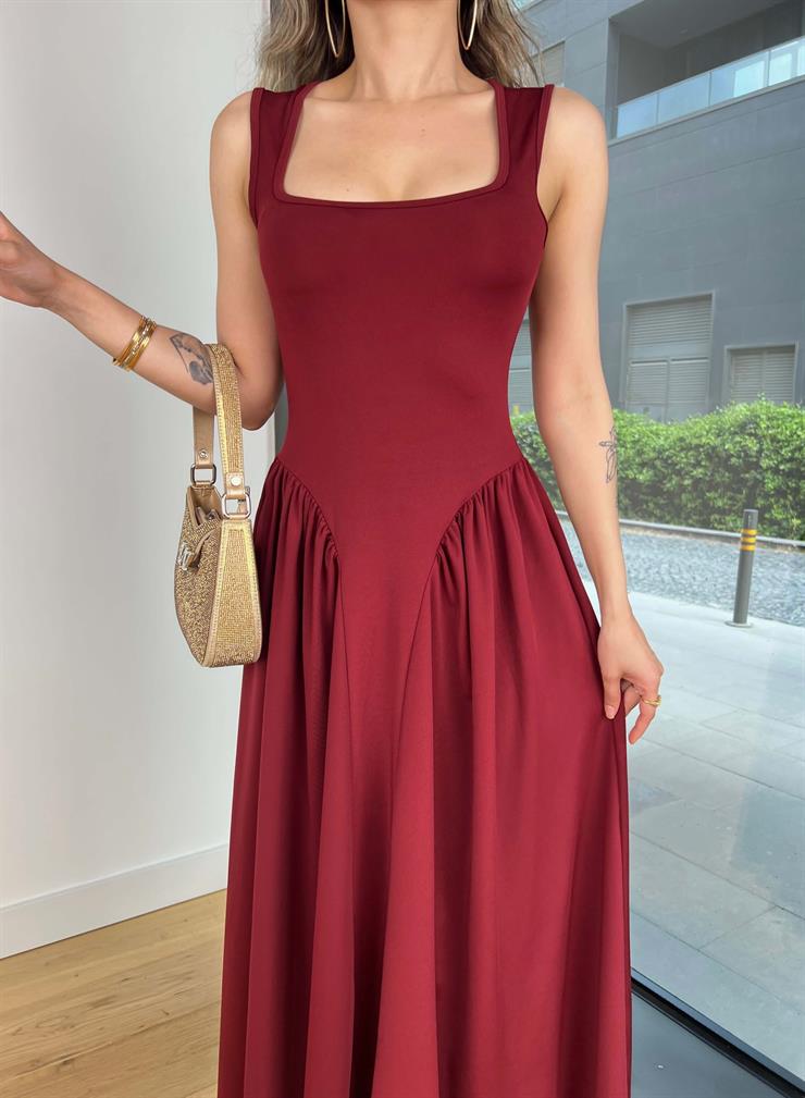 Kalın Askılı Kare Yaka Noller Bordo Elbise 25Y364