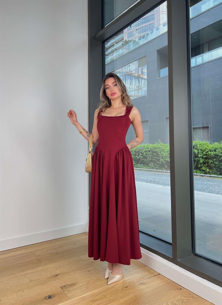Kalın Askılı Kare Yaka Noller Bordo Elbise 25Y364