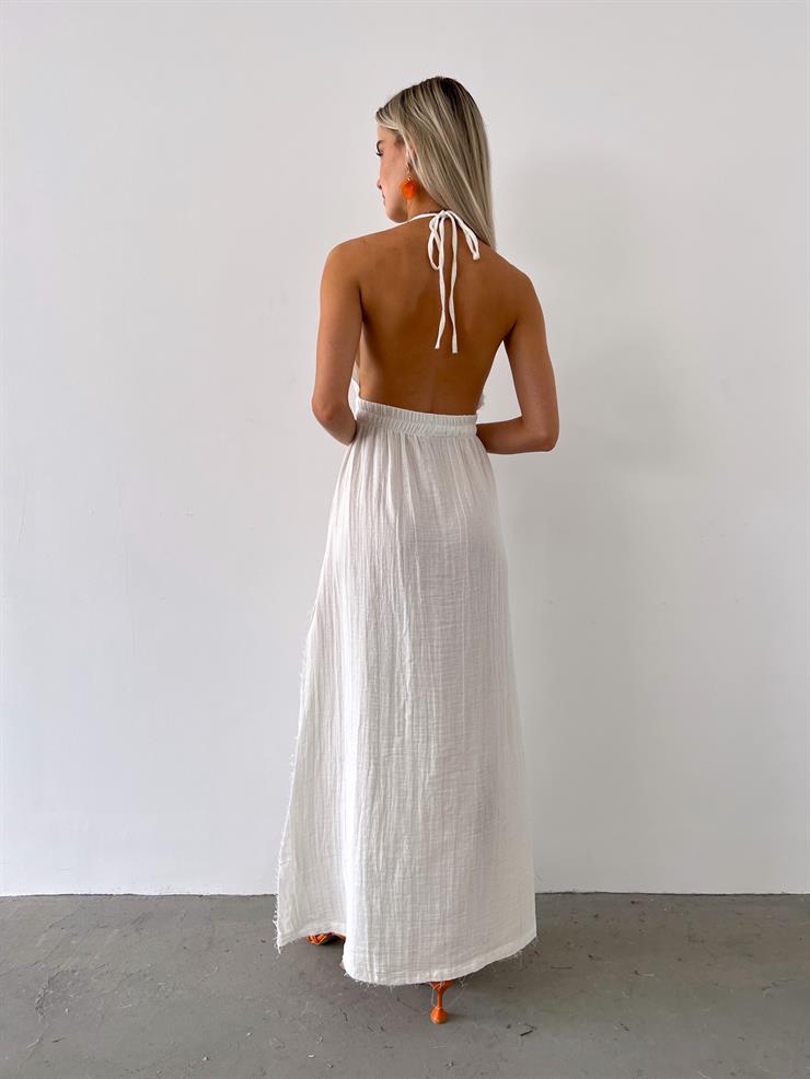 Boyundan Bağlamalı Derin V Yaka Belden Oturtmalı Nomi Kadın Beyaz Elbise 23Y000560