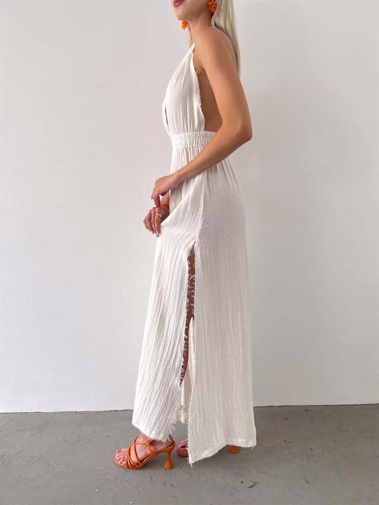 Boyundan Bağlamalı Derin V Yaka Belden Oturtmalı Nomi Kadın Beyaz Elbise 23Y000560