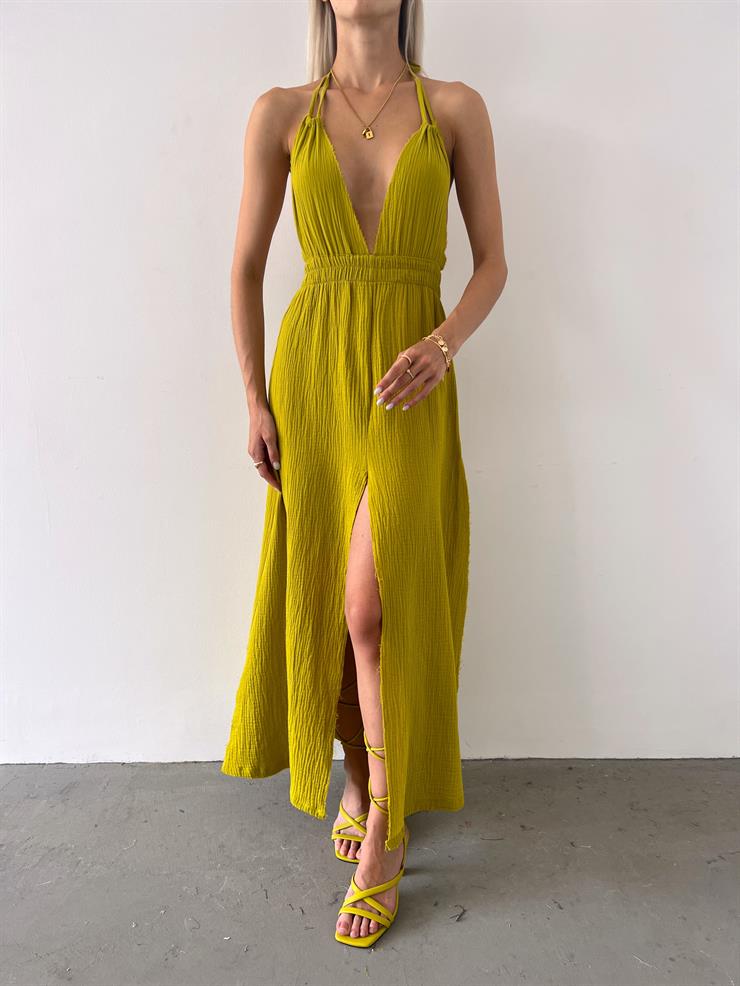 Boyundan Bağlamalı Derin V Yaka Belden Oturtmalı Nomi Kadın Zeytin Yeşili Elbise 23Y000560