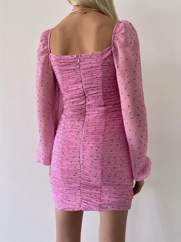 Mini Yaprak Desenli Drapeli Nora Kadın Pembe Şifon Elbise 21Y000273