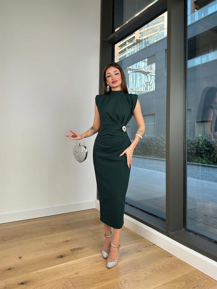 Yarım Boğazlı Drape Detaylı Kolsuz Norbert Kadın Petrol Beli Tokalı Krep Elbise 24k420