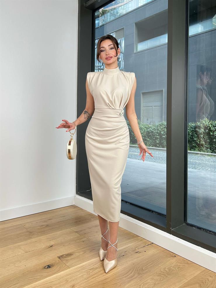 Yarım Boğazlı Drape Detaylı Kolsuz Norbert Kadın Taş Beli Tokalı Krep Elbise 24k420