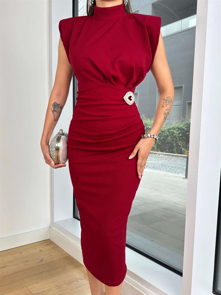 Yarım Boğazlı Drape Detaylı Kolsuz Norbert Kadın Bordo Beli Tokalı Krep Elbise 24k420