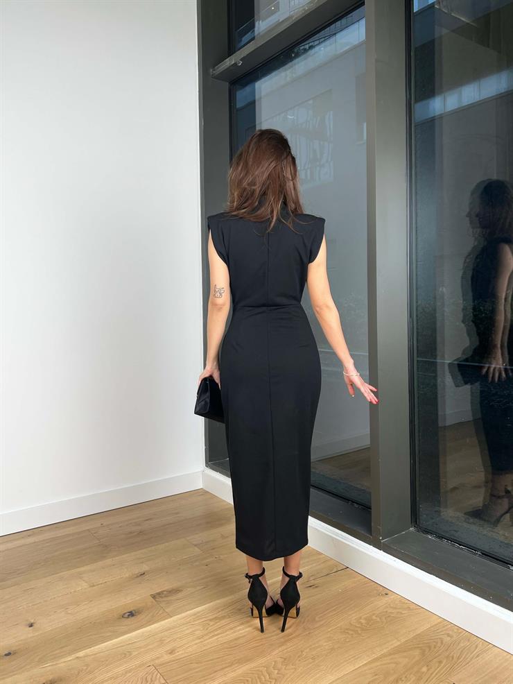 Yarım Boğazlı Drape Detaylı Kolsuz Norbert Kadın Siyah Beli Tokalı Krep Elbise 24k420