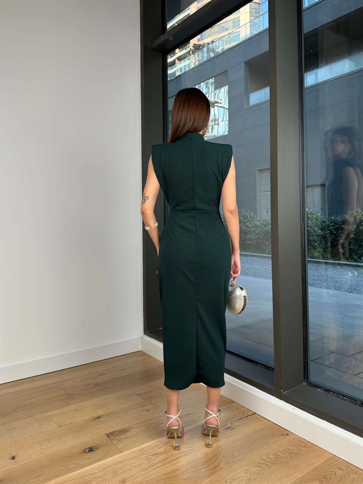 Yarım Boğazlı Drape Detaylı Kolsuz Norbert Kadın Petrol Beli Tokalı Krep Elbise 24k420