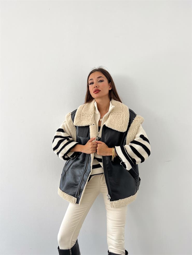 Fermuar Kapamalı İçi Yün Peluş Noris Kadın Siyah Vegan Deri Yelek 23Y000636